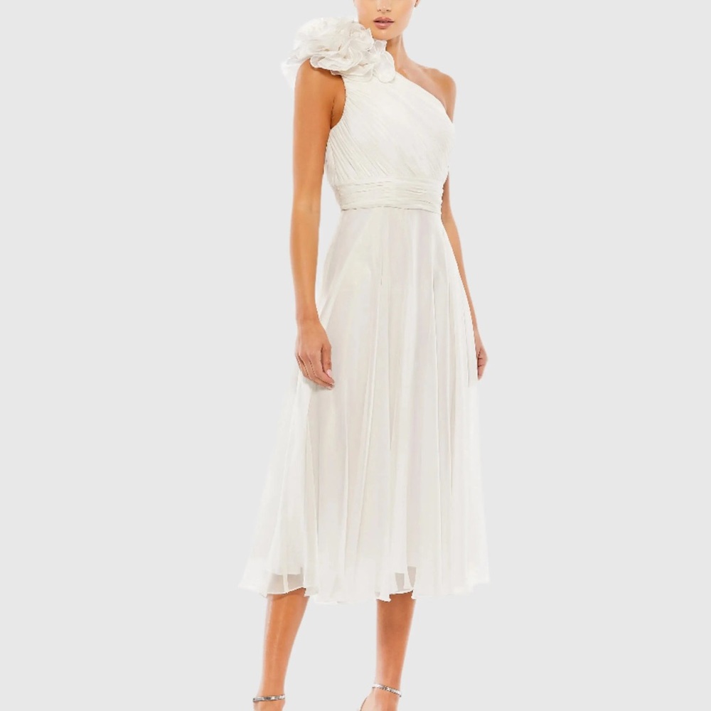 Mac Duggal One-Shoulder White Floral-Shoulder Midi Dress